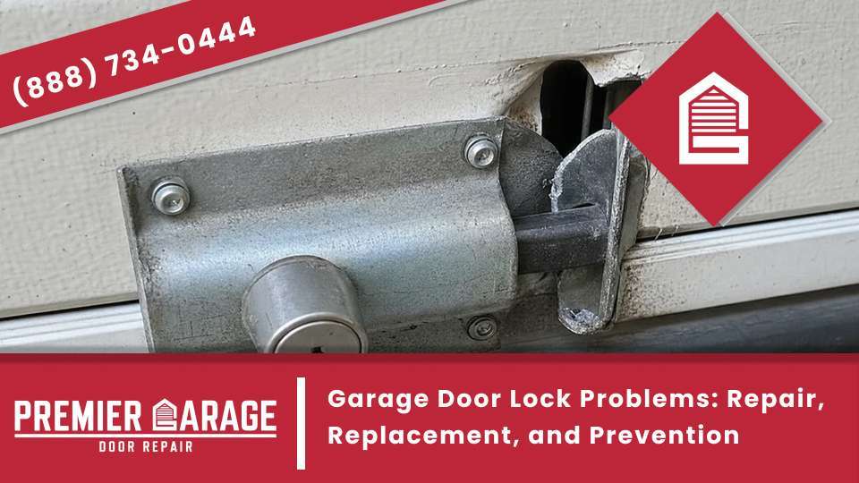 Garage door lock problems fixed with lock repair, lock replacement, and latch adjustment on a garage door.