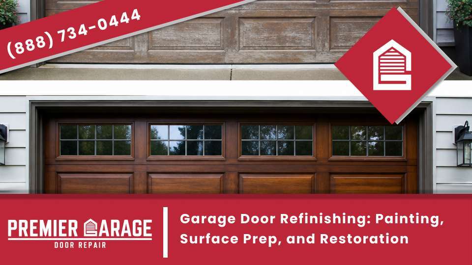 Garage door refinishing with garage door repainting on a faded garage door after garage door surface prep, for garage door refinishing near you.